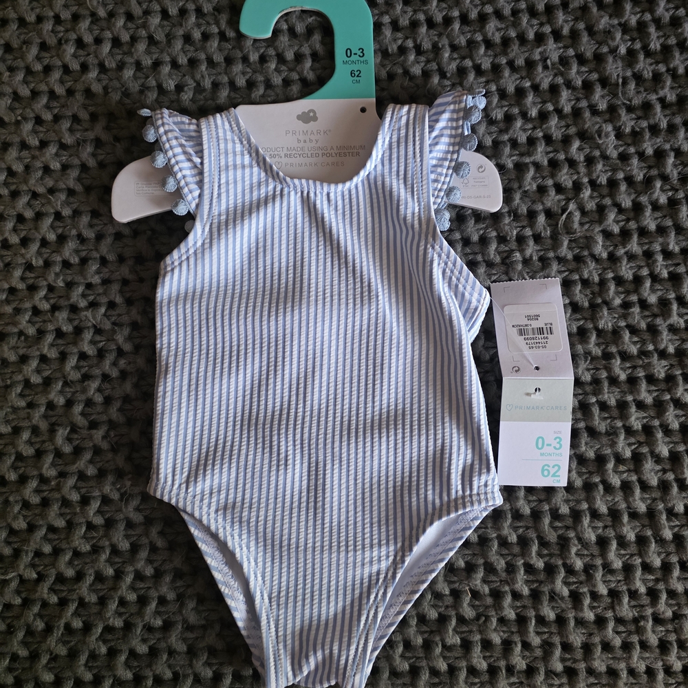 Primark Blue and White One Piece Swimsuit with Ruffled Cap Sleeves